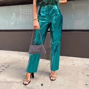 Metallic Blue Straight Leg Pants